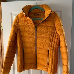 Michael Kors mustard color down packable jacket with zipper hood (removable)